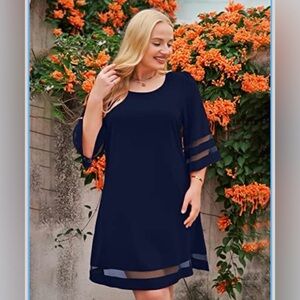 Women Casual Crewneck Mesh Panel 3/4 Bell Sleeve Loose Tunic Dress Size XL